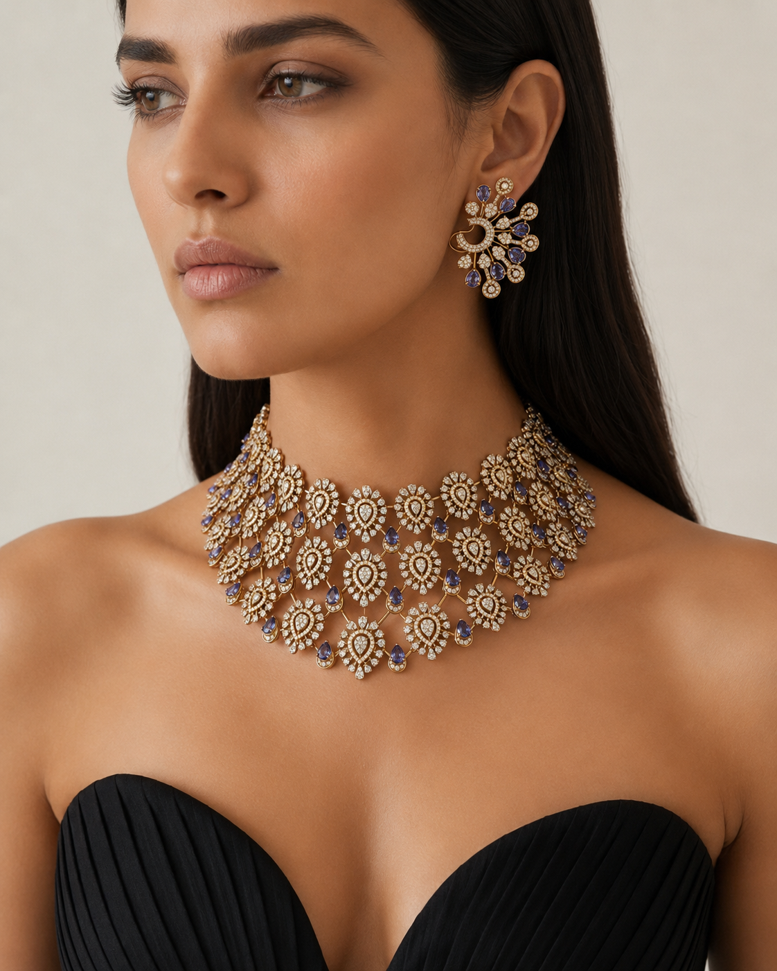 Royal Floral Diamond Choker Set with Sapphire Drop Accents