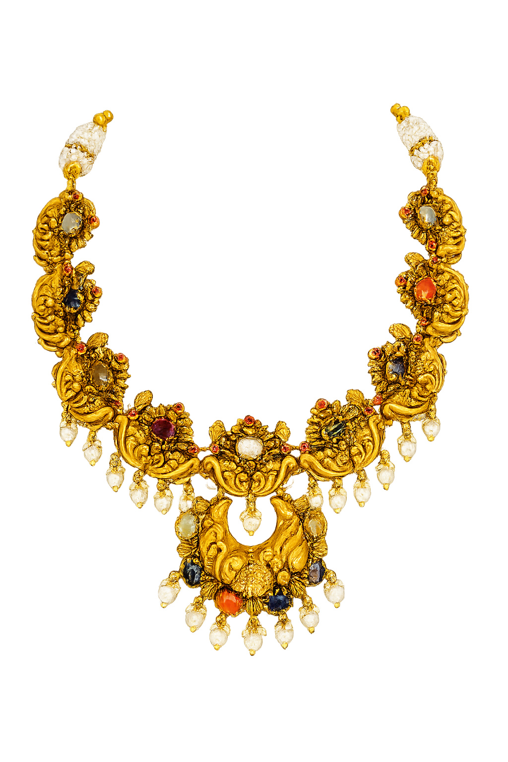 Navratna Peacock Temple Gold Necklace with Pearl Drops – Royal Bridal Heritage Jewellery