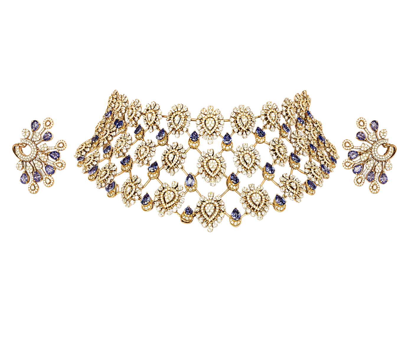 Royal Floral Diamond Choker Set with Sapphire Drop Accents