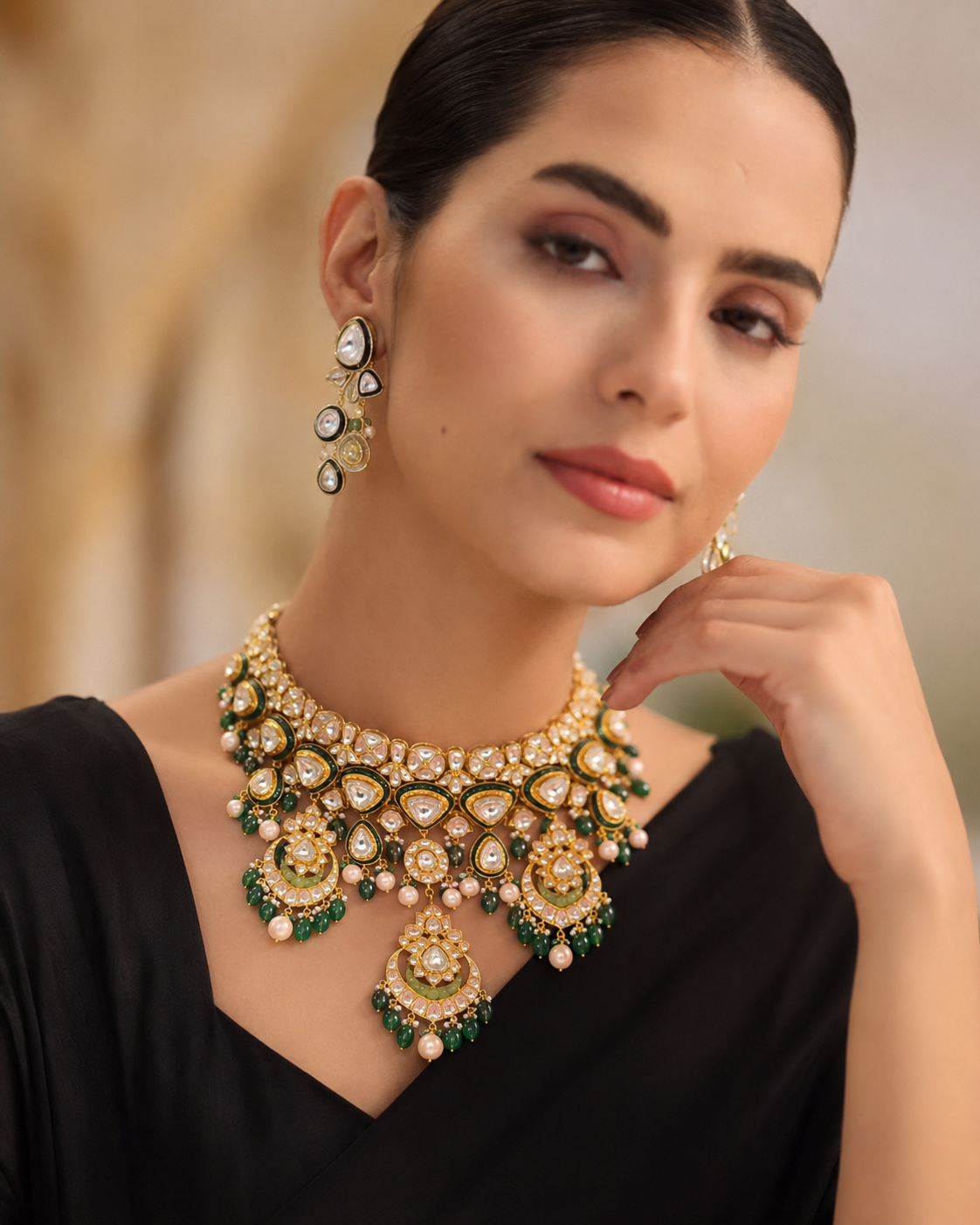 Royal Polki Kundan Bridal Necklace with Emerald Drops & Pearl Accents
