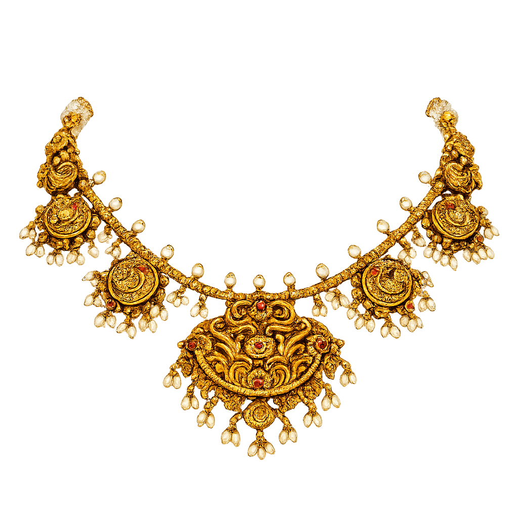 Royal Antique Temple Gold Necklace with Pearl Drops – Heritage Bridal Jewellery